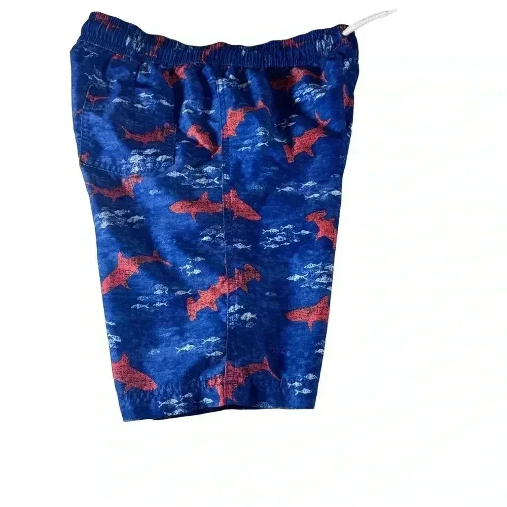 Land's End Boys Size L 14-16 Swimsuits Swim Shorts Trunks Blue Shark Drawstring